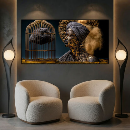 Tablou de artă zen pe sticlă, element central de decor integrat armonios pe peretele unei sufragerii pentru meditație.