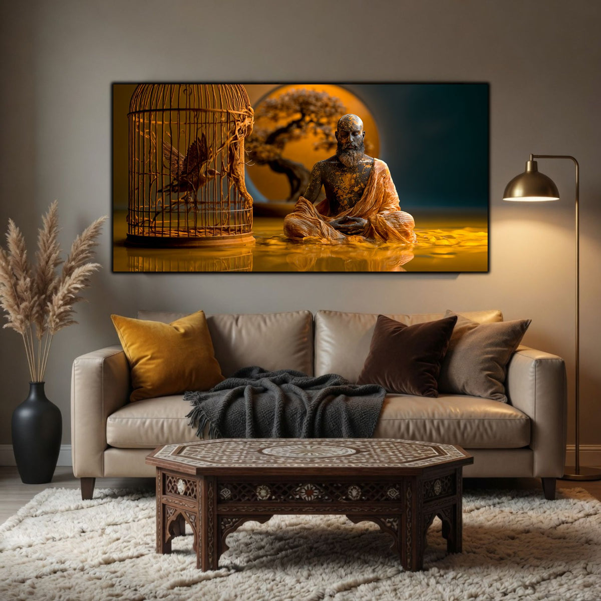 Tablou mare pentru sufragerie, design zen luxury cu cromatică vibrantă galbenă și iluminare calmă.