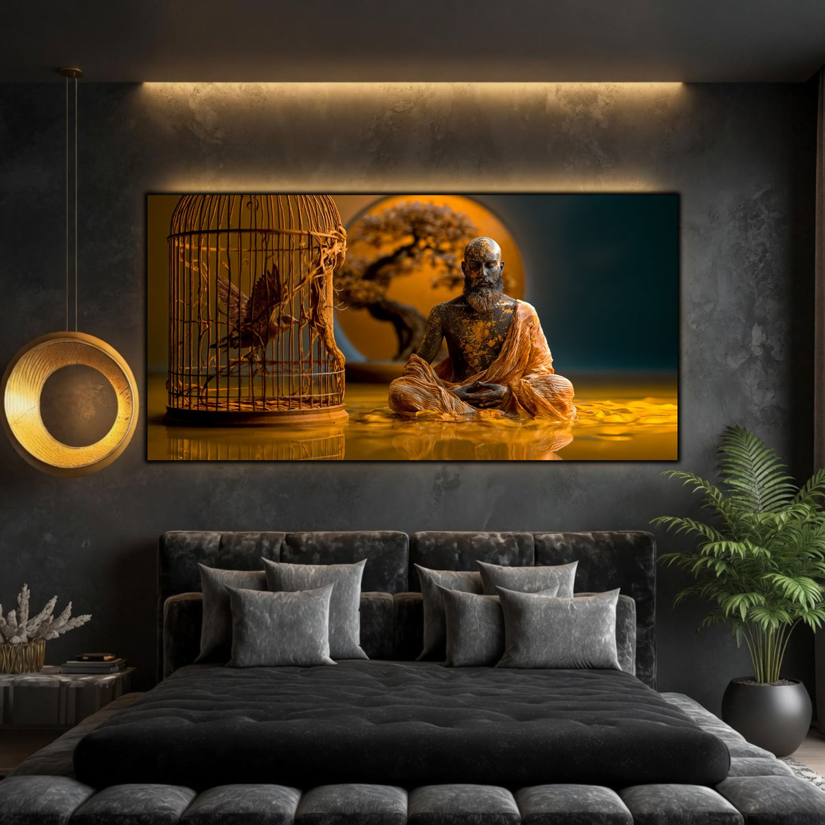 Integrare tablou într-un decor interior modern, estetică zen-luxury cu iluminare ambientală caldă.
