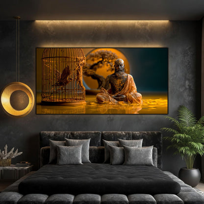 Integrare tablou într-un decor interior modern, estetică zen-luxury cu iluminare ambientală caldă.