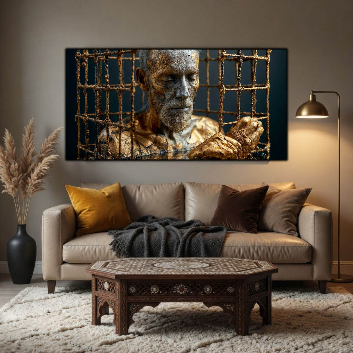 Tablou mare pentru sufragerie, design zen luxury cu detalii aurii radiante și iluminare cinematică.