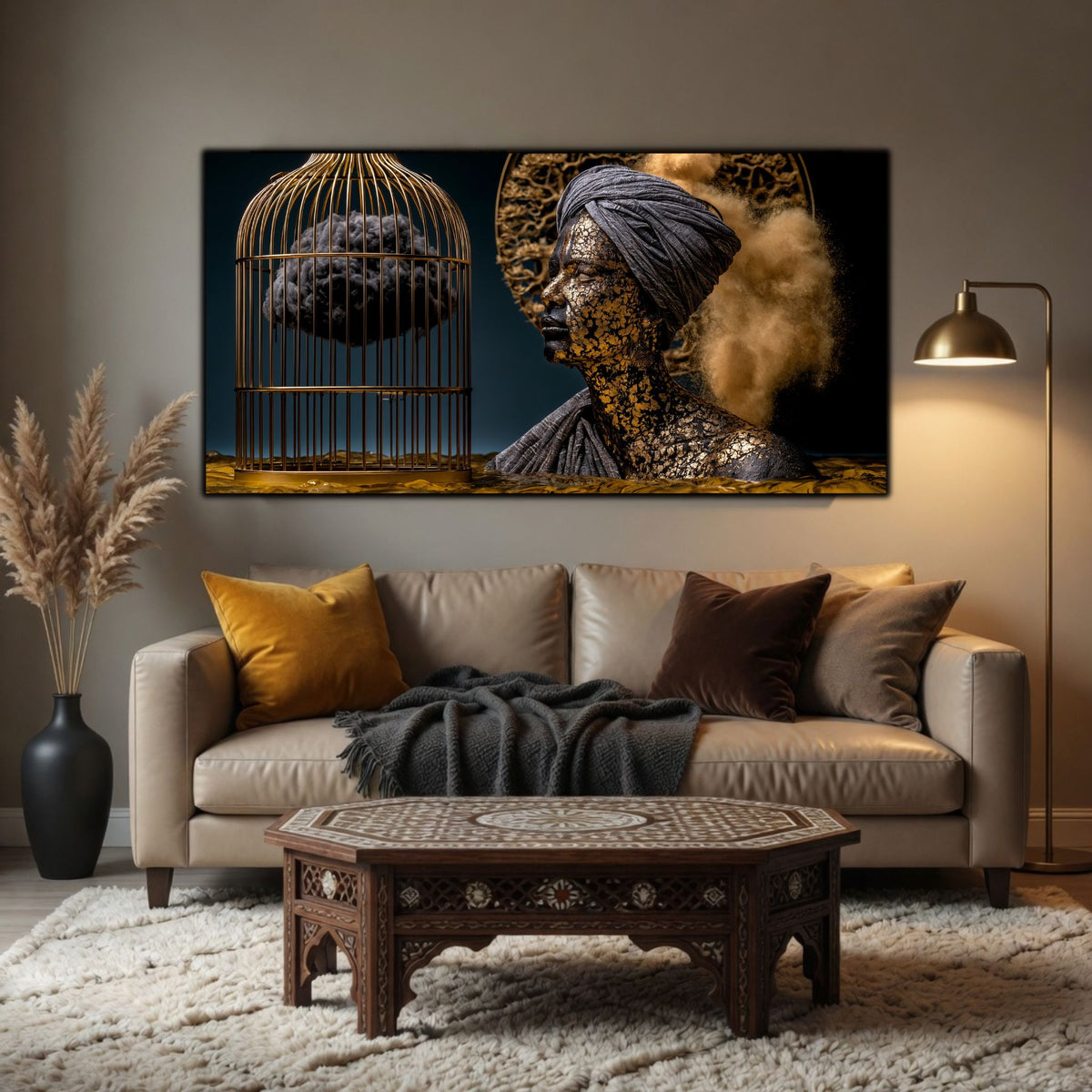Tablou mare pentru sufragerie, design zen luxury cu iluminare cinematică și contrast profund.