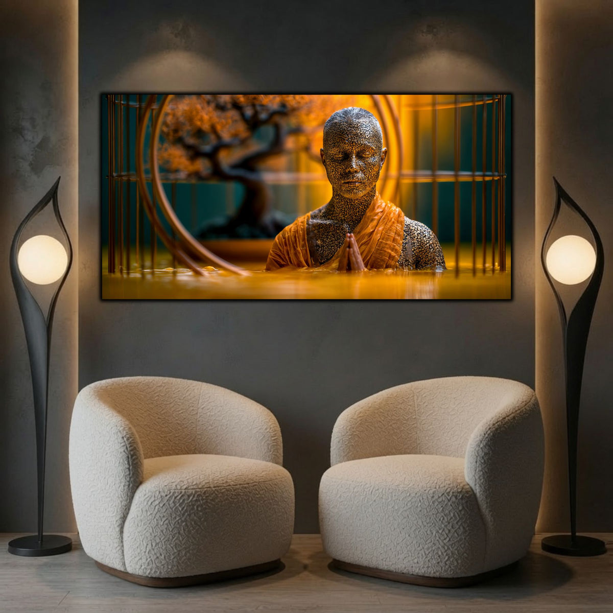 Tablou mare pentru sufragerie, design zen luxury cu cromatică galbenă vibrantă și iluminare cinematică.