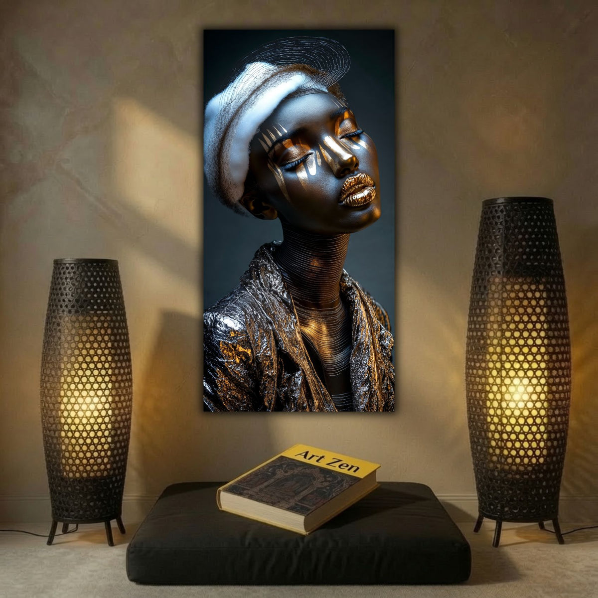 Tablou vertical Still Radiance cu portret feminin în tonuri întunecate, alb și auriu, între două lampadare perforate, deasupra unei perne negre.