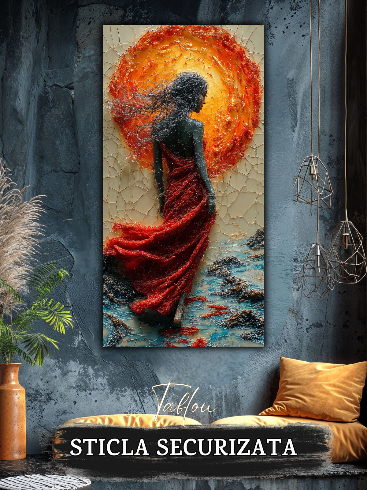 Tablou pentru sufragerie pe sticlă securizată cu silueta feminina in rochie rosu vibrant si un cerc mare de foc, decor pentru peretele livingului tau.