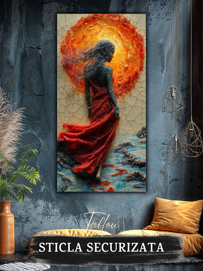 Tablou pentru sufragerie pe sticlă securizată cu silueta feminina in rochie rosu vibrant si un cerc mare de foc, decor pentru peretele livingului tau.