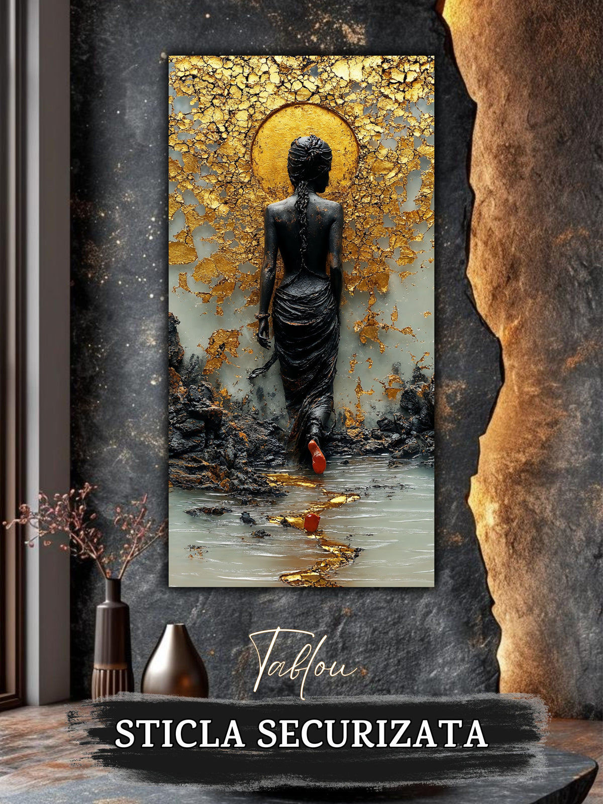 Tablou destinat sufrageriei, cu un portret feminin in culori de carbune si grafir, care paseste gratios catre un soare abstract auriu, sfaramat in bucati care se desprind.