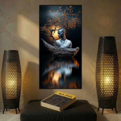 Tablou abstract pe sticlă Ethereal Awakening pentru sufragerie premium, inspirat de armonia dintre om și natură