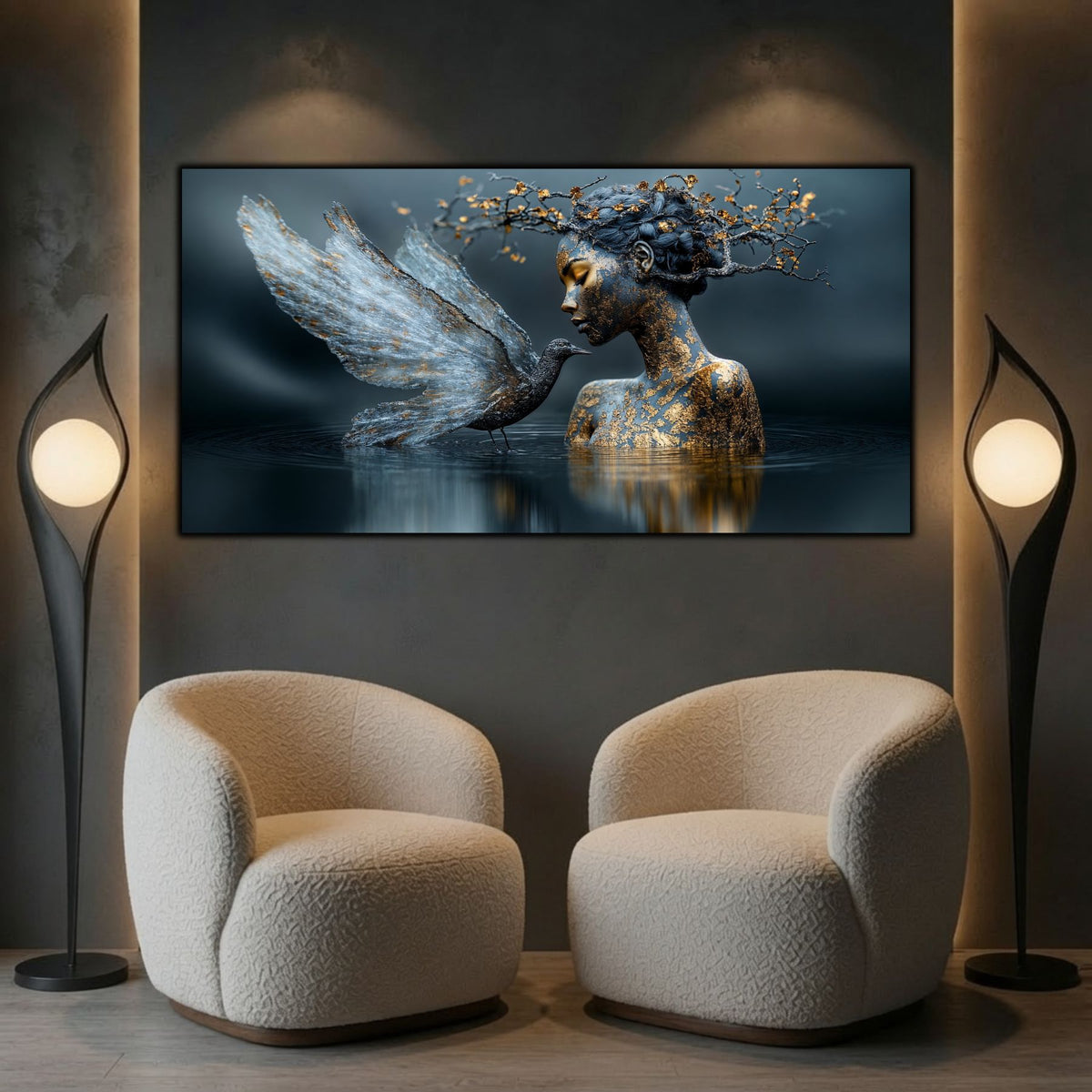 Ethereal Silence într-un decor de sufragerie elegant, unde arta abstractă creează o atmosferă calmă și echilibrată