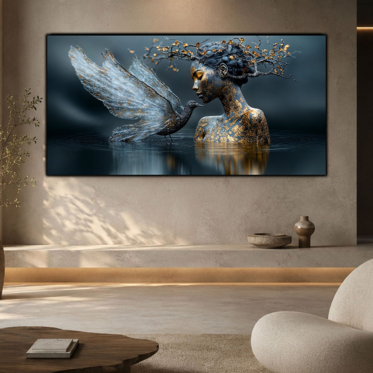 Tablou pentru sufragerie modernă Ethereal Silence, integrat într-un decor minimalist cu influențe organice