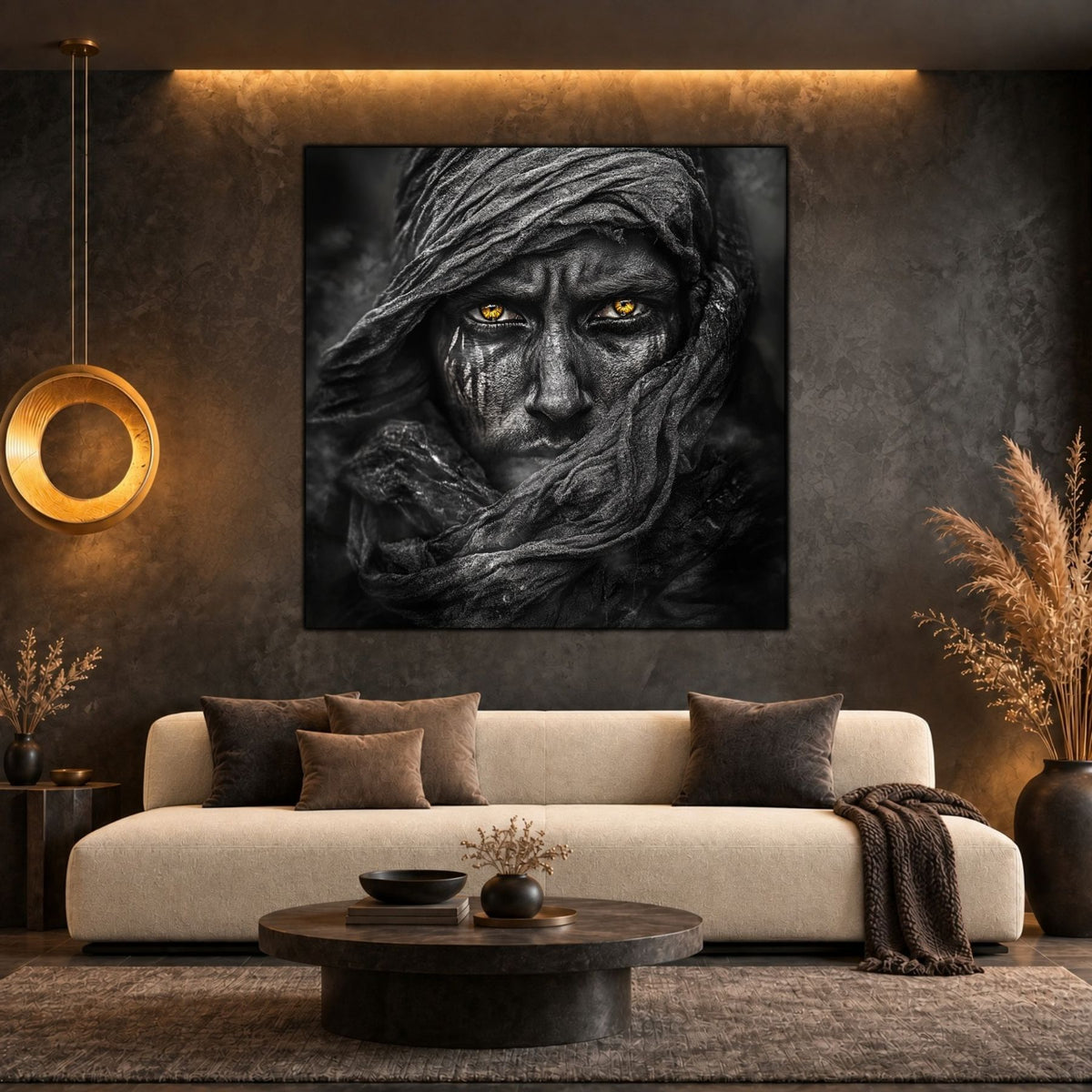 Tablou Sufragerie cu portret abstract alb-negru și ochi aurii, expus lângă un fotoliu maro și o comodă din lemn
