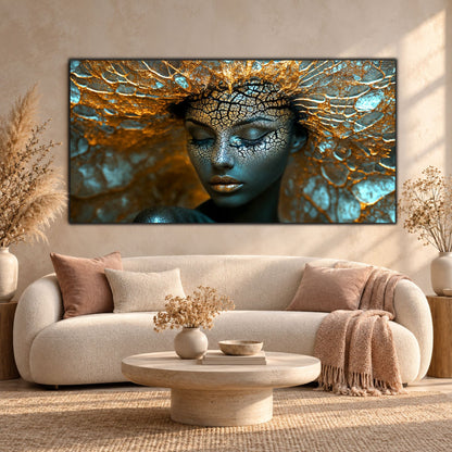 Tablou modern pentru living The Shape of Belonging, cu chip feminin și forme organice aurii, deasupra unei canapele albe cu perne roz-pudrat.