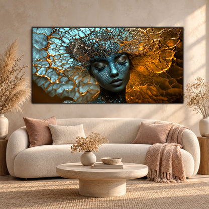 Tablou modern pentru living Where Currents Meet, cu portret feminin și forme miceliene, deasupra unei canapele albe cu perne roz-pudrat, pe perete crem.