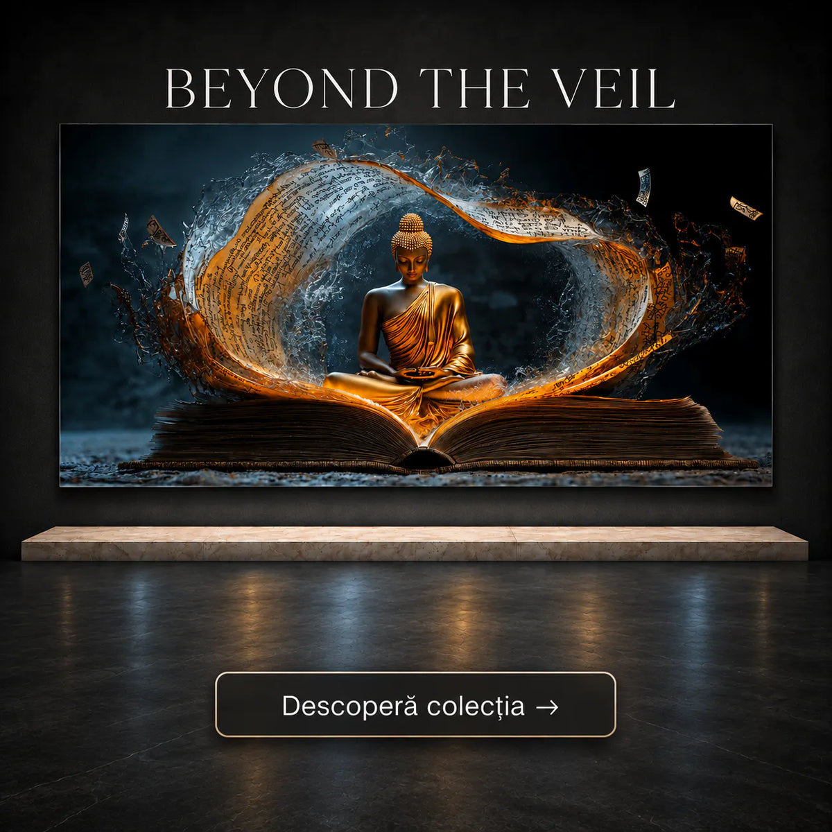 Tablou zen living cu statuetă Buddha aurită pe carte sacră și valuri lichide de pergament – Colecția Beyond the Veil Art Zen