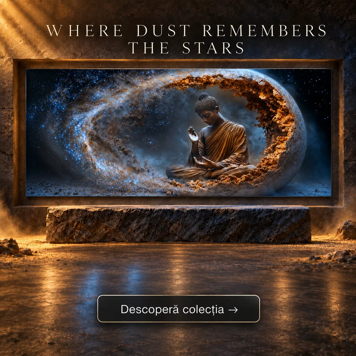 Tablou zen living cu statuetă Buddha în postură de meditație într-o sferă din pulbere stelară și rocă minerală – Colecția Where Dust Remembers the Stars Art Zen