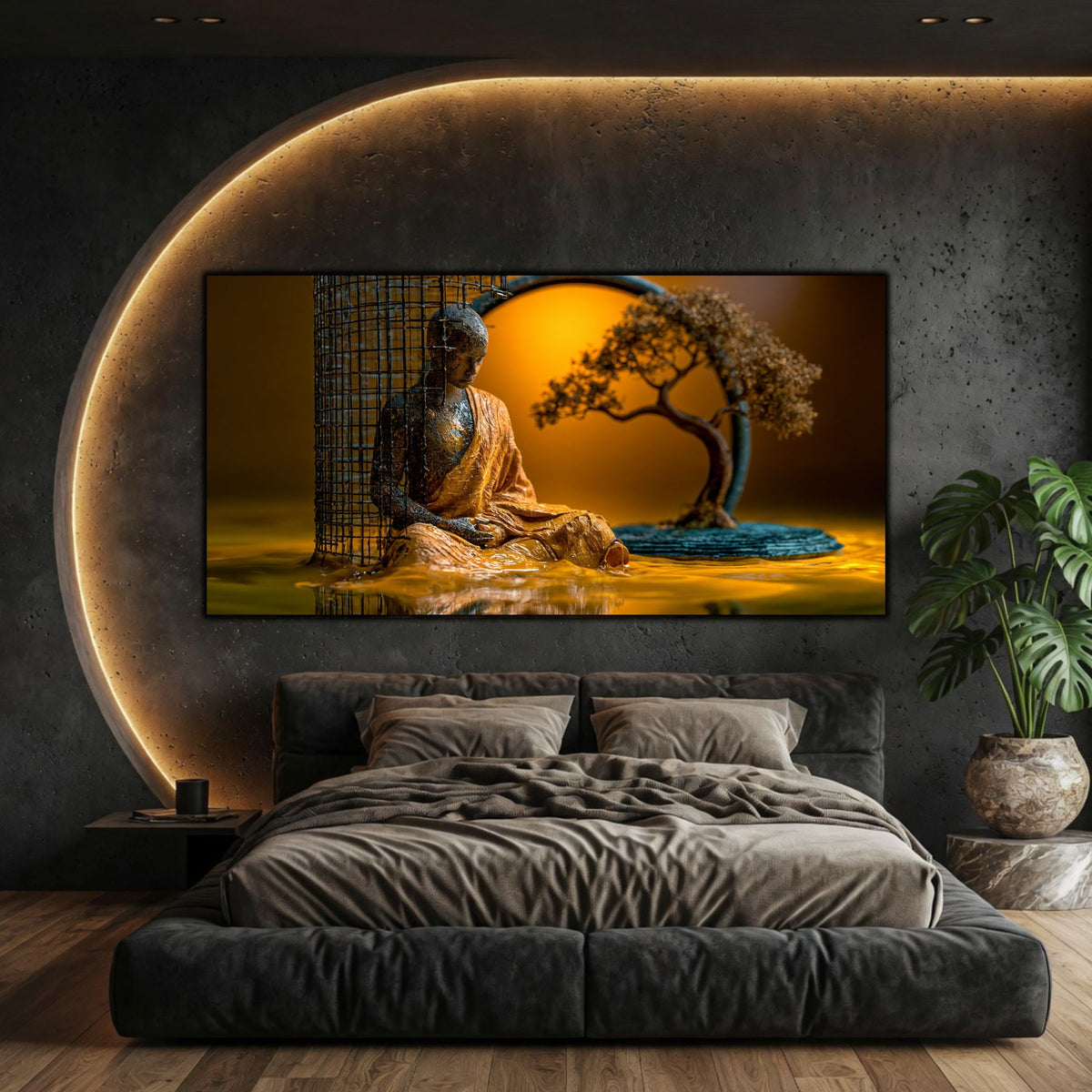 Tablou zen luxury Cel care Rămâne expus într-o sufragerie modernă, subliniind claritatea sticlei ultra-clare de 4mm și detaliile aurii.