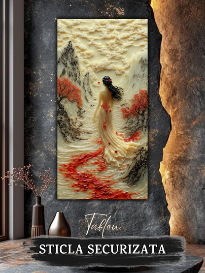 Mockup 2 – Tablou pentru living – Vântul de pe vale: O prezență feminină și o curgere luminoasă a drumului, print UV pe sticlă securizată | Art-Zen