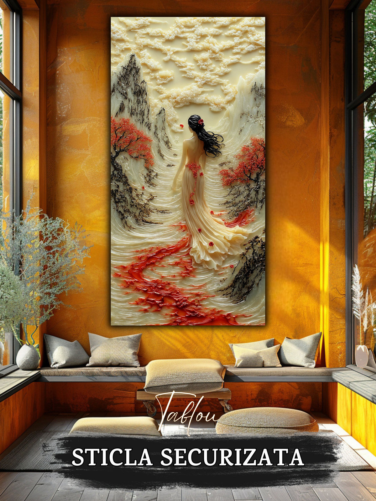 Mockup 3 – Tablou pentru living – Vântul de pe vale: O prezență feminină și o curgere luminoasă a drumului, print UV pe sticlă securizată | Art-Zen