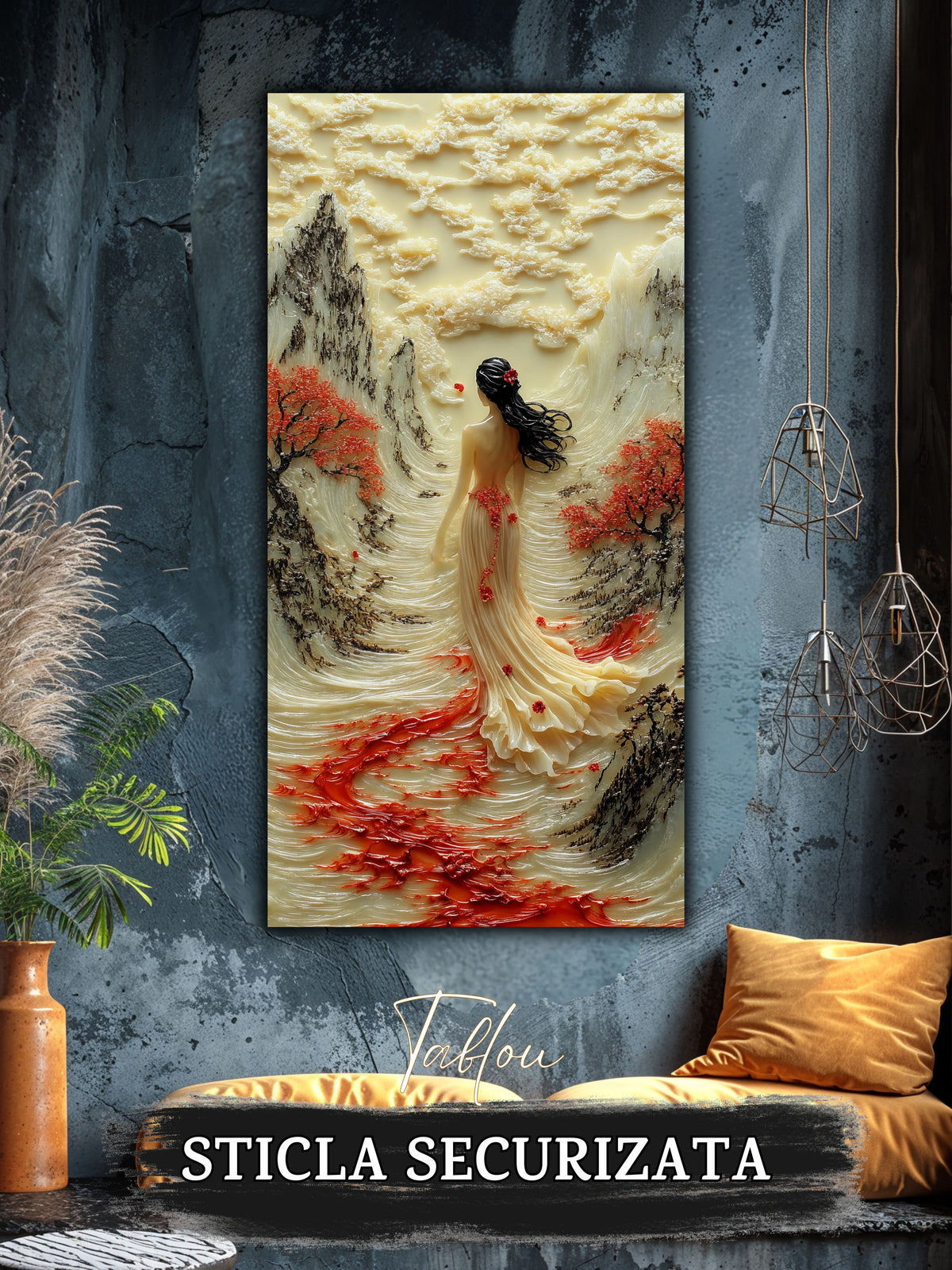 Mockup 1 – Tablou pentru living – Vântul de pe vale: O prezență feminină și o curgere luminoasă a drumului, print UV pe sticlă securizată | Art-Zen