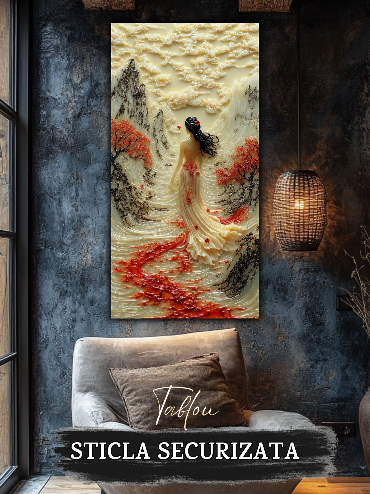 Mockup 4 – Tablou pentru living – Vântul de pe vale: O prezență feminină și o curgere luminoasă a drumului, print UV pe sticlă securizată | Art-Zen
