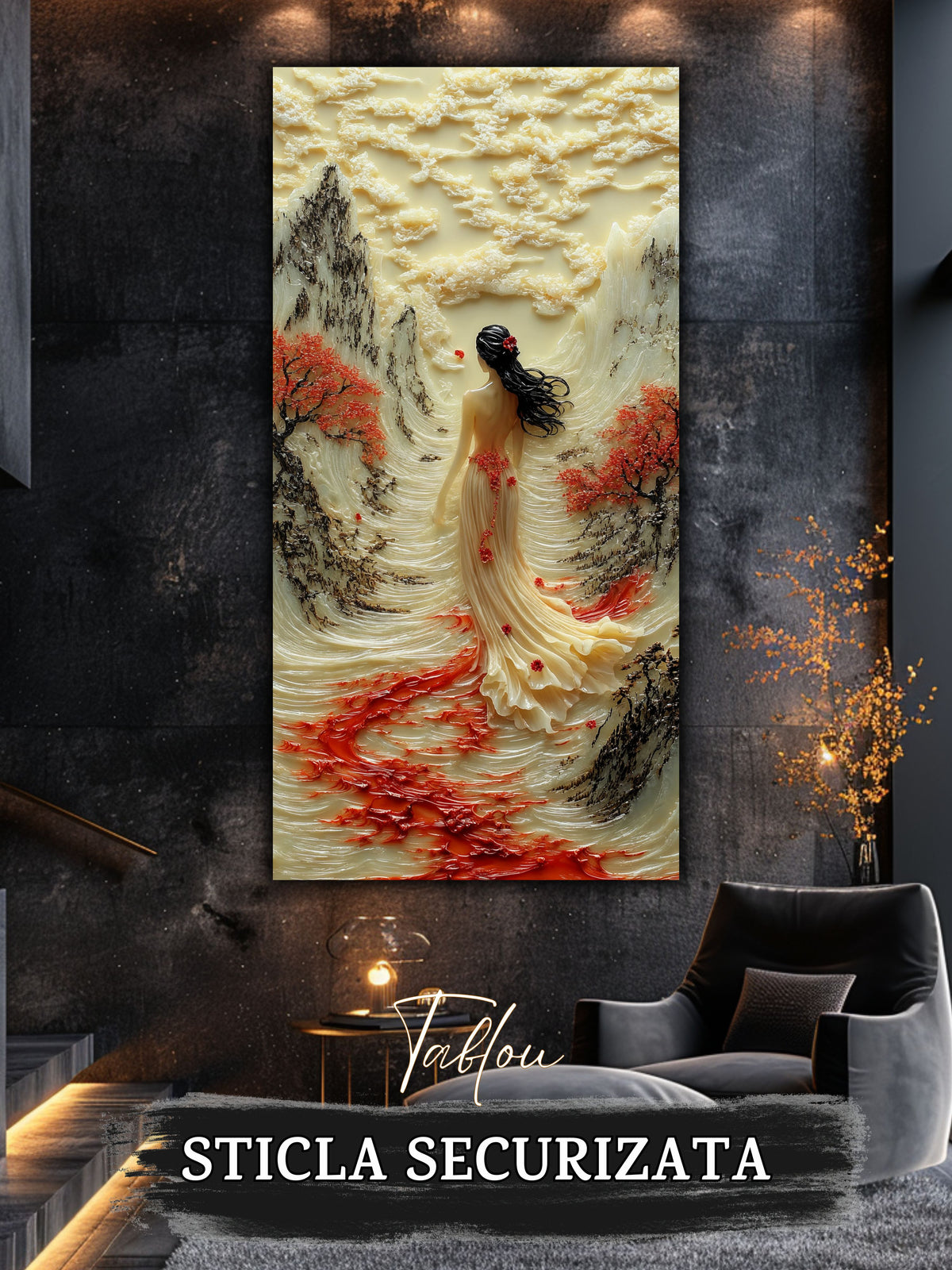 Mockup 5 – Tablou pentru living – Vântul de pe vale: O prezență feminină și o curgere luminoasă a drumului, print UV pe sticlă securizată | Art-Zen
