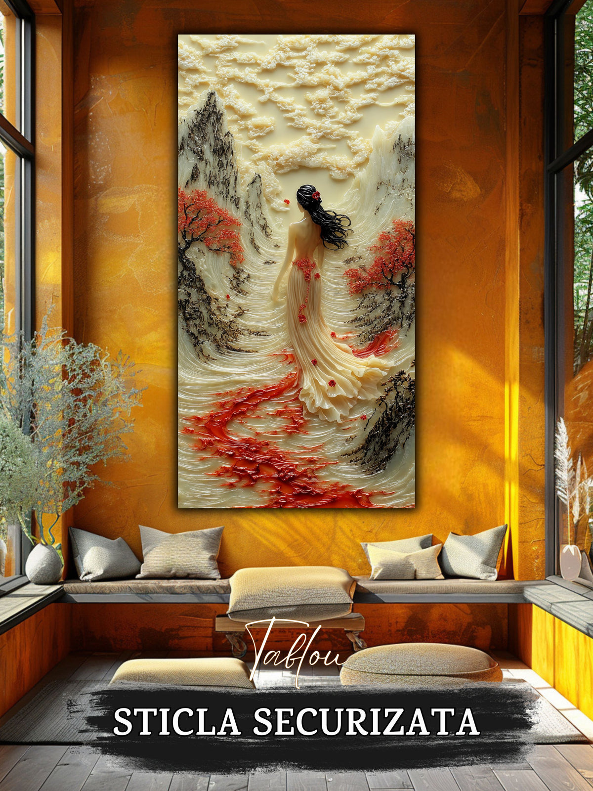 Mockup 6 – Tablou pentru living – Vântul de pe vale: O prezență feminină și o curgere luminoasă a drumului, print UV pe sticlă securizată | Art-Zen