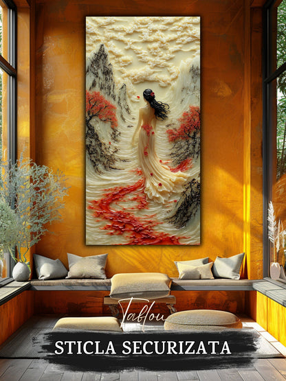 Mockup 6 – Tablou pentru living – Vântul de pe vale: O prezență feminină și o curgere luminoasă a drumului, print UV pe sticlă securizată | Art-Zen