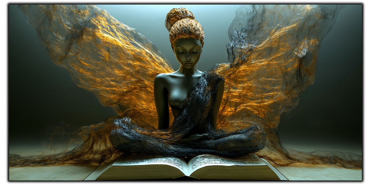 Tablou pentru living The Open Gate pe sticlă securizată, figură feminină meditativă cu aripi aurii și carte, colecția Sacred Stillness Art-Zen