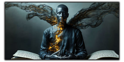 Tablou pentru living Ashen Presence pe sticlă securizată, figură feminină cu fum și reflexe aurii, colecția Sacred Stillness Art-Zen