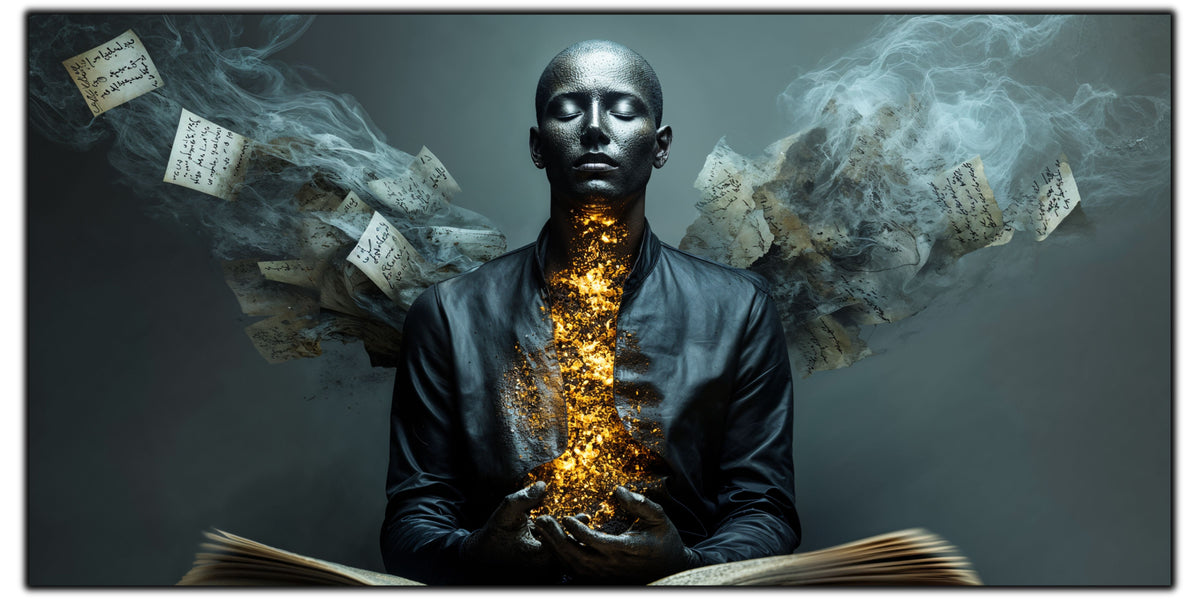 Tablou pentru living Pages of Silence pe sticlă securizată, figură masculină cu pagini plutitoare și lumină aurie, colecția Sacred Stillness Art-Zen