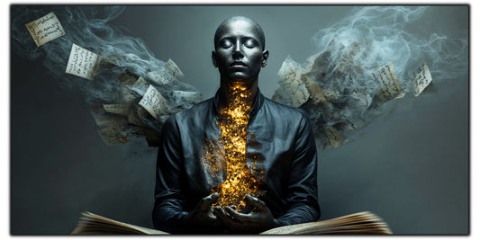 Tablou pentru living Pages of Silence pe sticlă securizată, figură masculină cu pagini plutitoare și lumină aurie, colecția Sacred Stillness Art-Zen