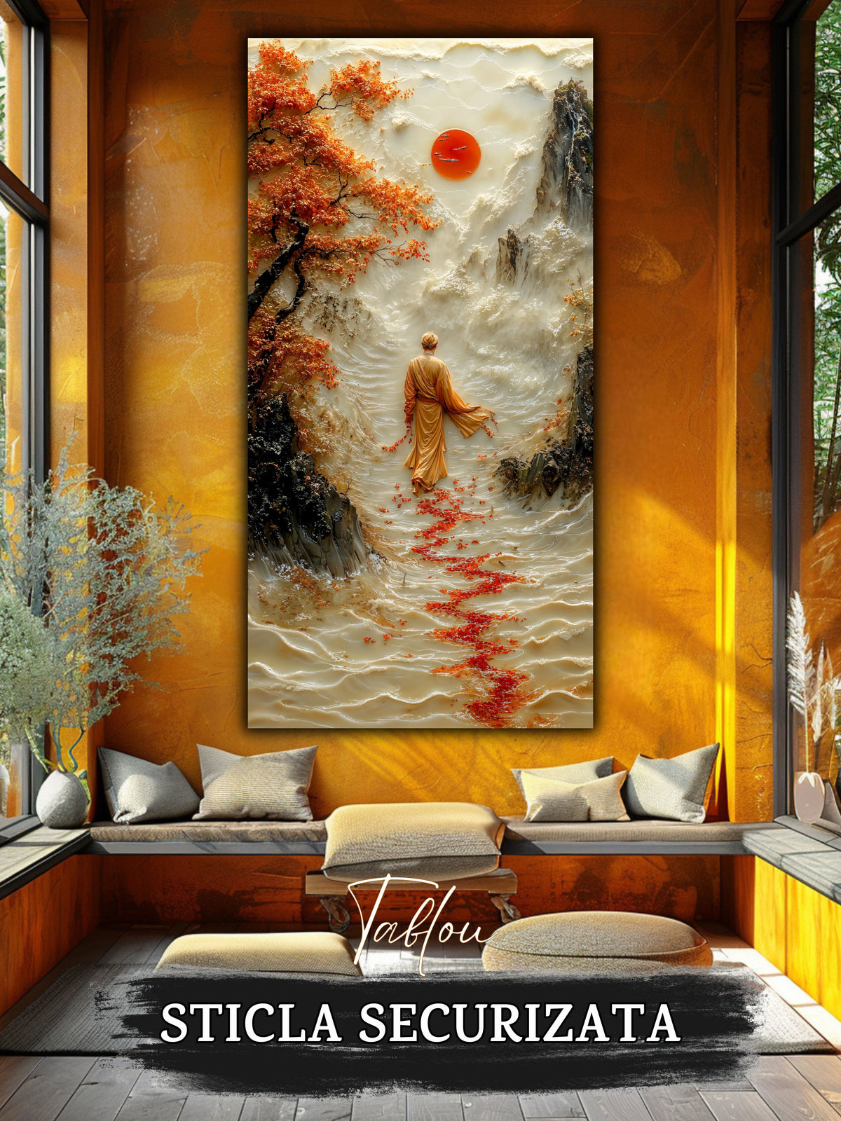 Mockup 3 – Tablou pentru living – Soarele de dincolo: Un călător în fața muntelui, sub o lumină rotundă, print UV pe sticlă securizată | Art-Zen