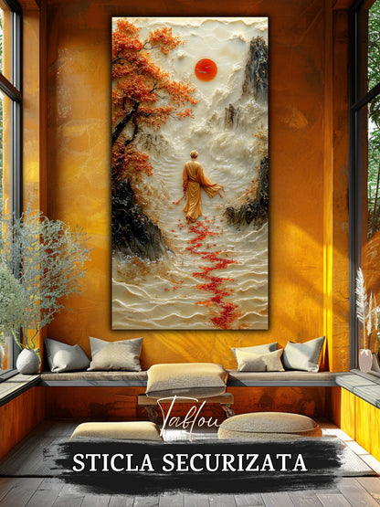 Mockup 3 – Tablou pentru living – Soarele de dincolo: Un călător în fața muntelui, sub o lumină rotundă, print UV pe sticlă securizată | Art-Zen