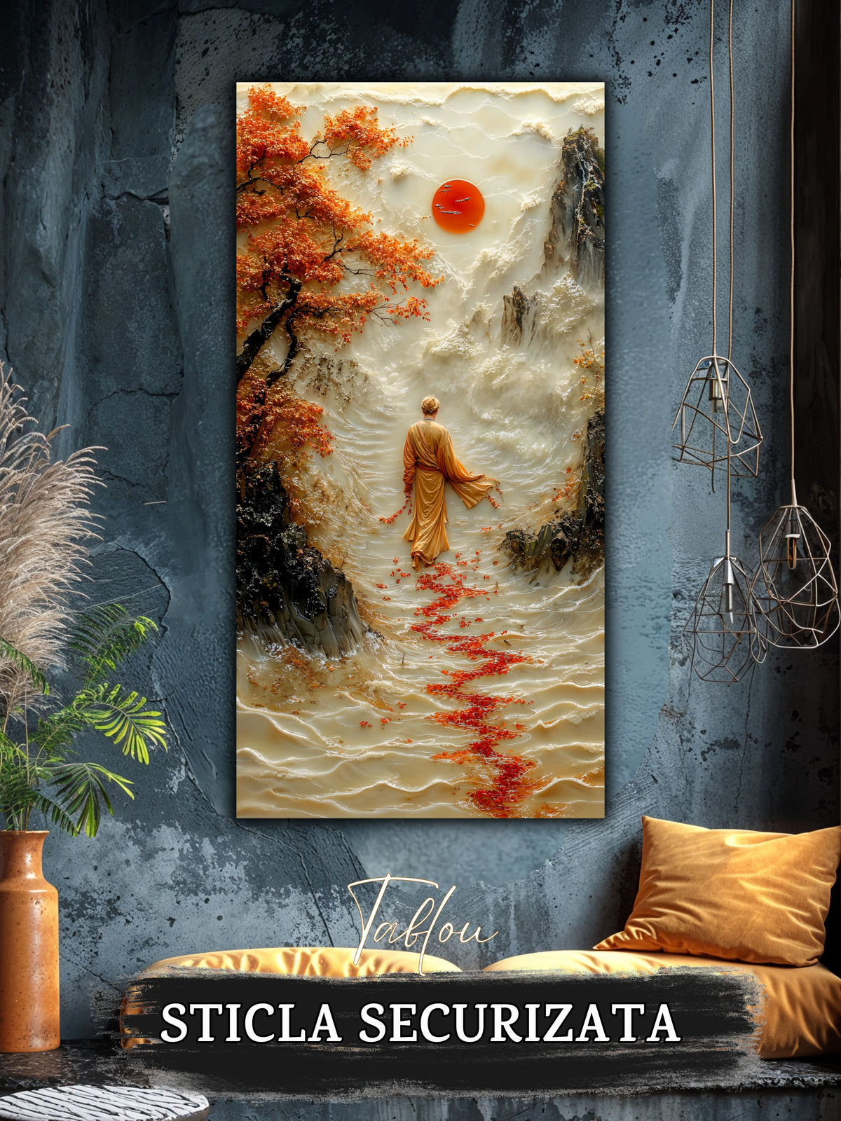 Mockup 1 – Tablou pentru living – Soarele de dincolo: Un călător în fața muntelui, sub o lumină rotundă, print UV pe sticlă securizată | Art-Zen