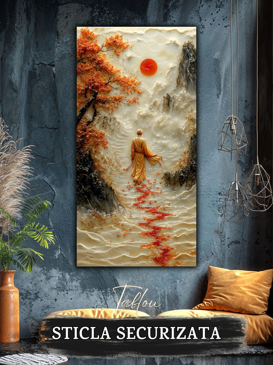 Mockup 1 – Tablou pentru living – Soarele de dincolo: Un călător în fața muntelui, sub o lumină rotundă, print UV pe sticlă securizată | Art-Zen