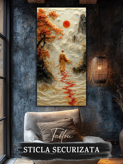 Mockup 4 – Tablou pentru living – Soarele de dincolo: Un călător în fața muntelui, sub o lumină rotundă, print UV pe sticlă securizată | Art-Zen