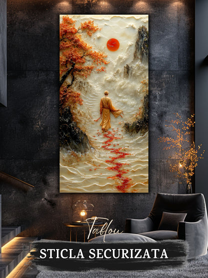 Mockup 5 – Tablou pentru living – Soarele de dincolo: Un călător în fața muntelui, sub o lumină rotundă, print UV pe sticlă securizată | Art-Zen