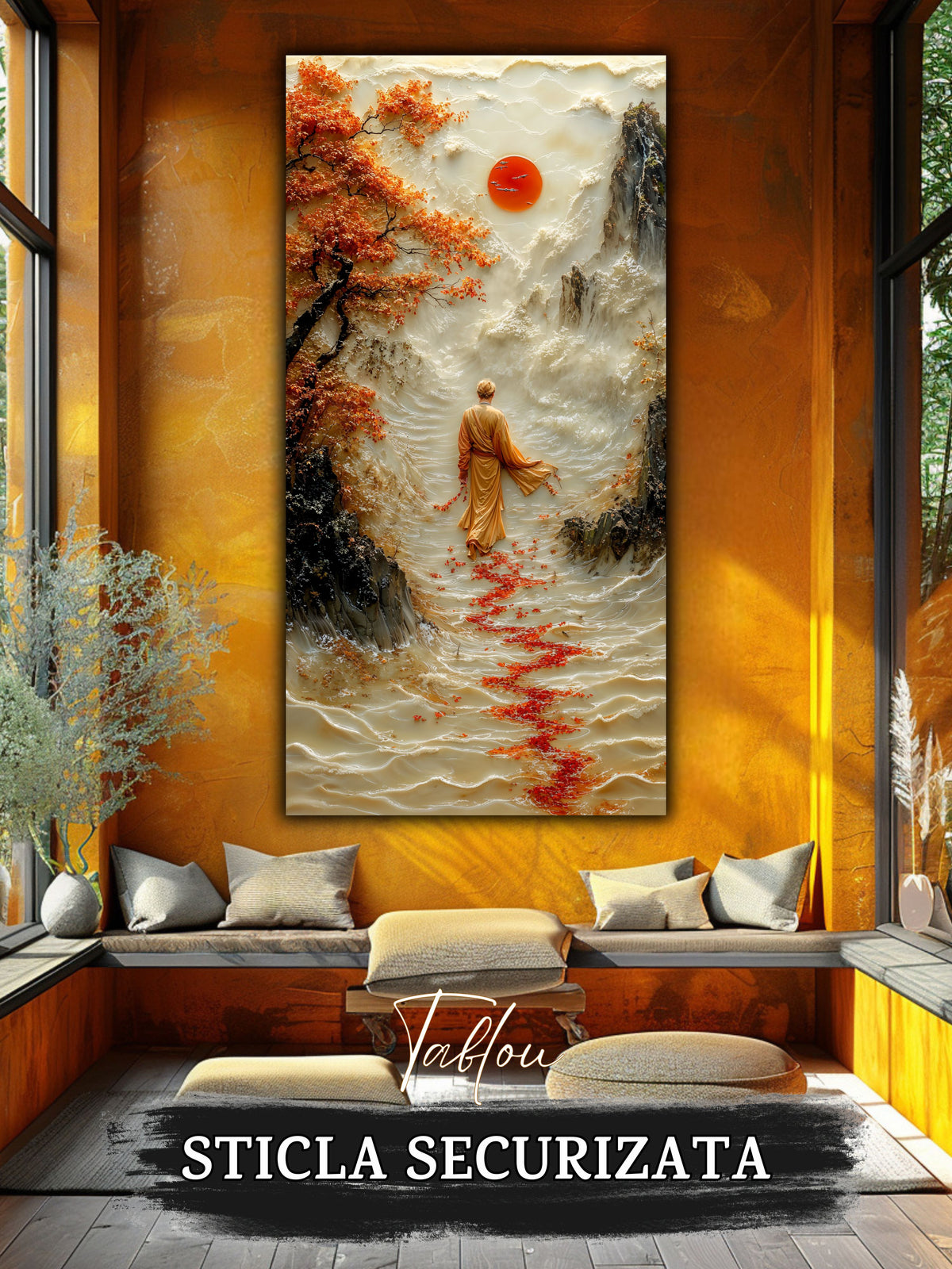 Mockup 6 – Tablou pentru living – Soarele de dincolo: Un călător în fața muntelui, sub o lumină rotundă, print UV pe sticlă securizată | Art-Zen