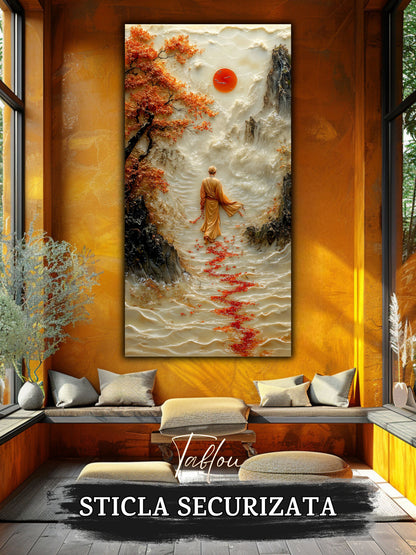 Mockup 6 – Tablou pentru living – Soarele de dincolo: Un călător în fața muntelui, sub o lumină rotundă, print UV pe sticlă securizată | Art-Zen