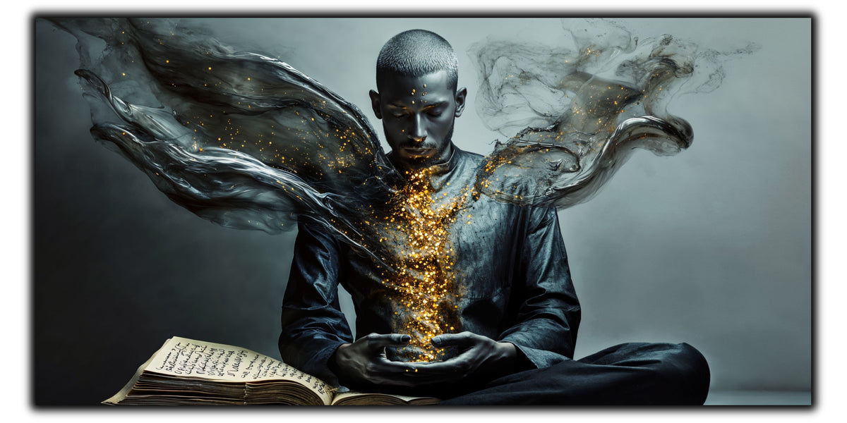 Tablou pentru living The Gold That Remains pe sticlă securizată, figură masculină cu aur interior și aripi de fum, colecția Sacred Stillness Art-Zen