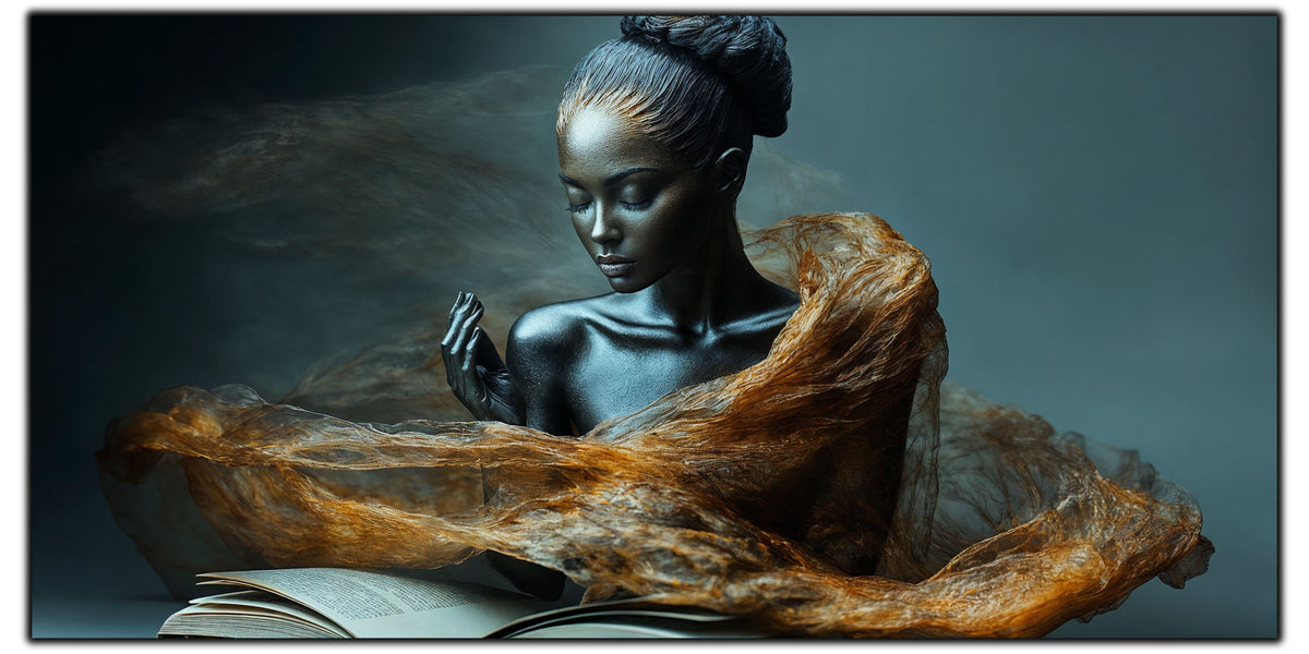 Tablou pentru living The Hand That Knows pe sticlă securizată, portret feminin cu văl de bronz și carte, colecția Sacred Stillness Art-Zen