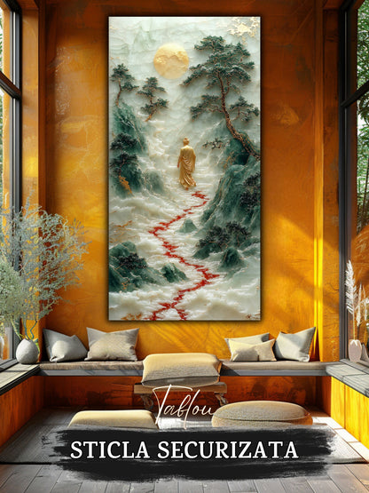 Mockup 3 – Tablou pentru living – Întoarcerea spre sine: O singură prezență, apa și munții în lumina tăcerii, print UV pe sticlă securizată | Art-Zen