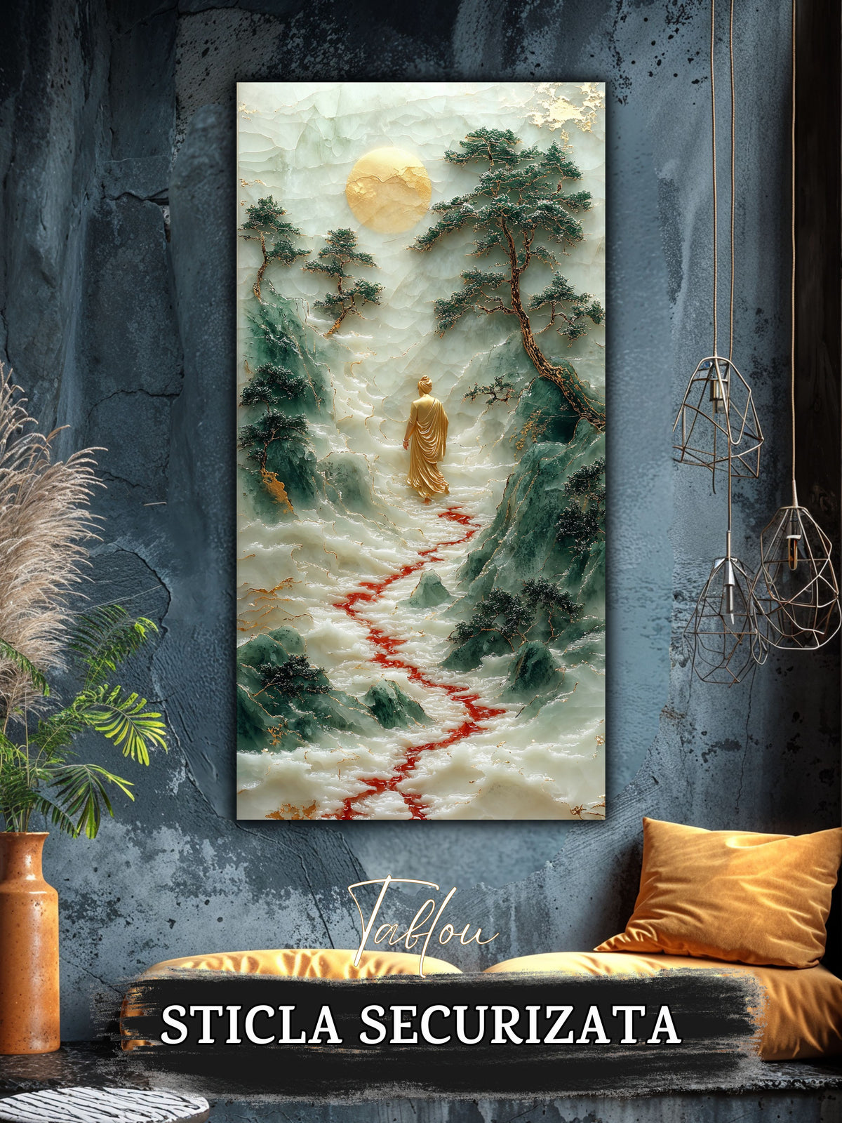 Mockup 4 – Tablou pentru living – Întoarcerea spre sine: O singură prezență, apa și munții în lumina tăcerii, print UV pe sticlă securizată | Art-Zen