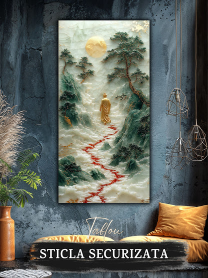 Mockup 4 – Tablou pentru living – Întoarcerea spre sine: O singură prezență, apa și munții în lumina tăcerii, print UV pe sticlă securizată | Art-Zen