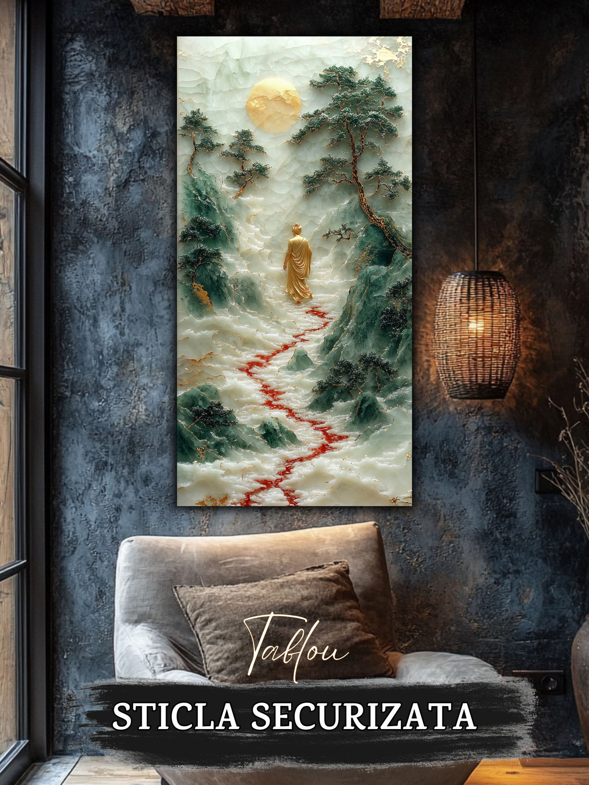 Mockup 1 – Tablou pentru living – Întoarcerea spre sine: O singură prezență, apa și munții în lumina tăcerii, print UV pe sticlă securizată | Art-Zen