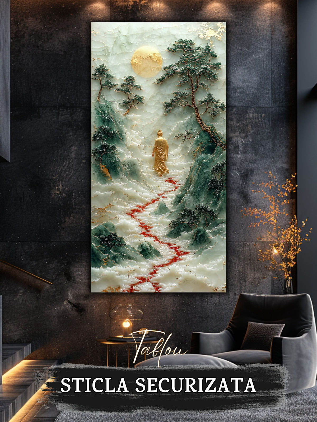 Mockup 5 – Tablou pentru living – Întoarcerea spre sine: O singură prezență, apa și munții în lumina tăcerii, print UV pe sticlă securizată | Art-Zen