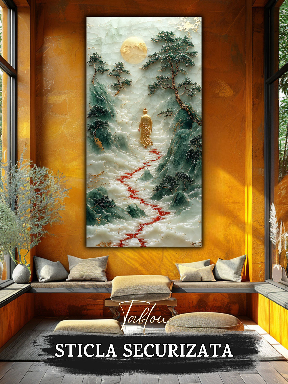 Mockup 6 – Tablou pentru living – Întoarcerea spre sine: O singură prezență, apa și munții în lumina tăcerii, print UV pe sticlă securizată | Art-Zen