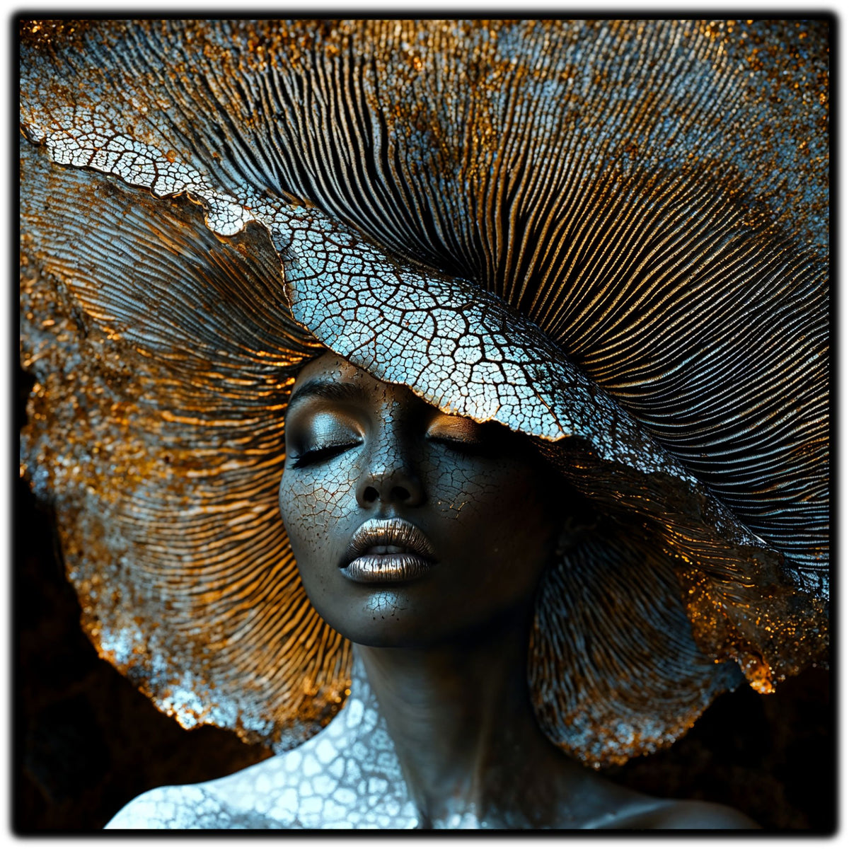 Tablou abstract Inner Canopy cu portret feminin și coroana de lamele fine care acoperă o parte din chip