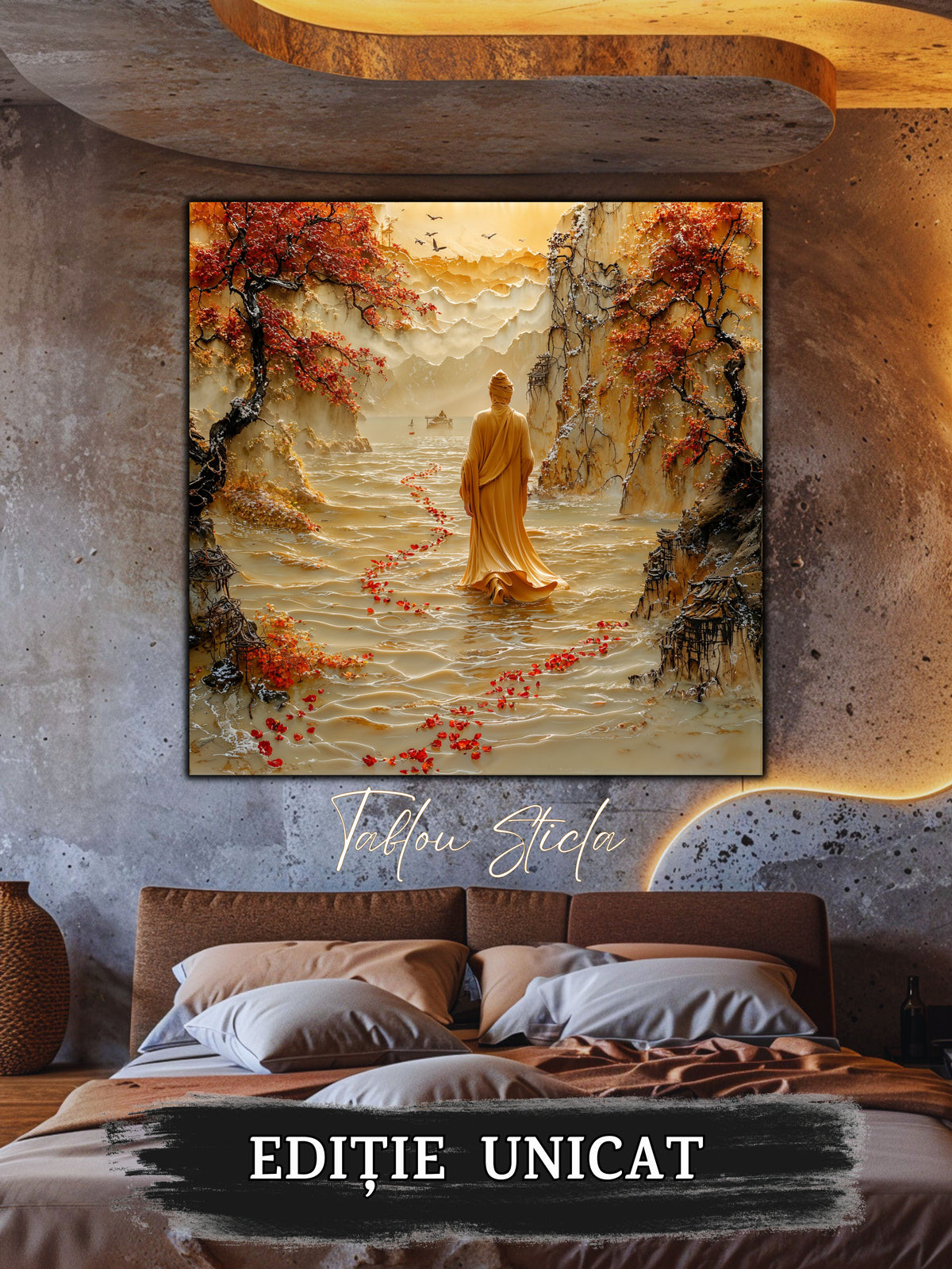 Mockup 2 – Tablou pentru living – Acolo unde începe lumina: Un drum roșu care urcă spre cerul cald, print UV pe sticlă securizată | Art-Zen