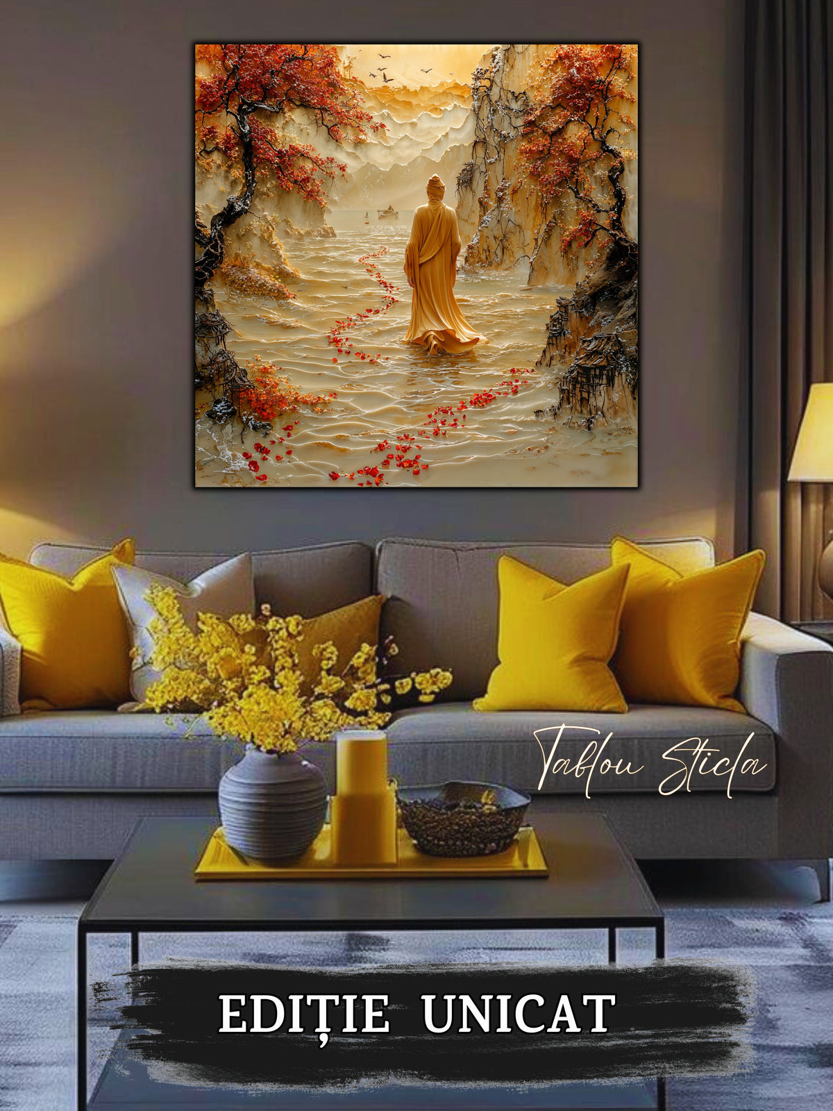 Mockup 3 – Tablou pentru living – Acolo unde începe lumina: Un drum roșu care urcă spre cerul cald, print UV pe sticlă securizată | Art-Zen